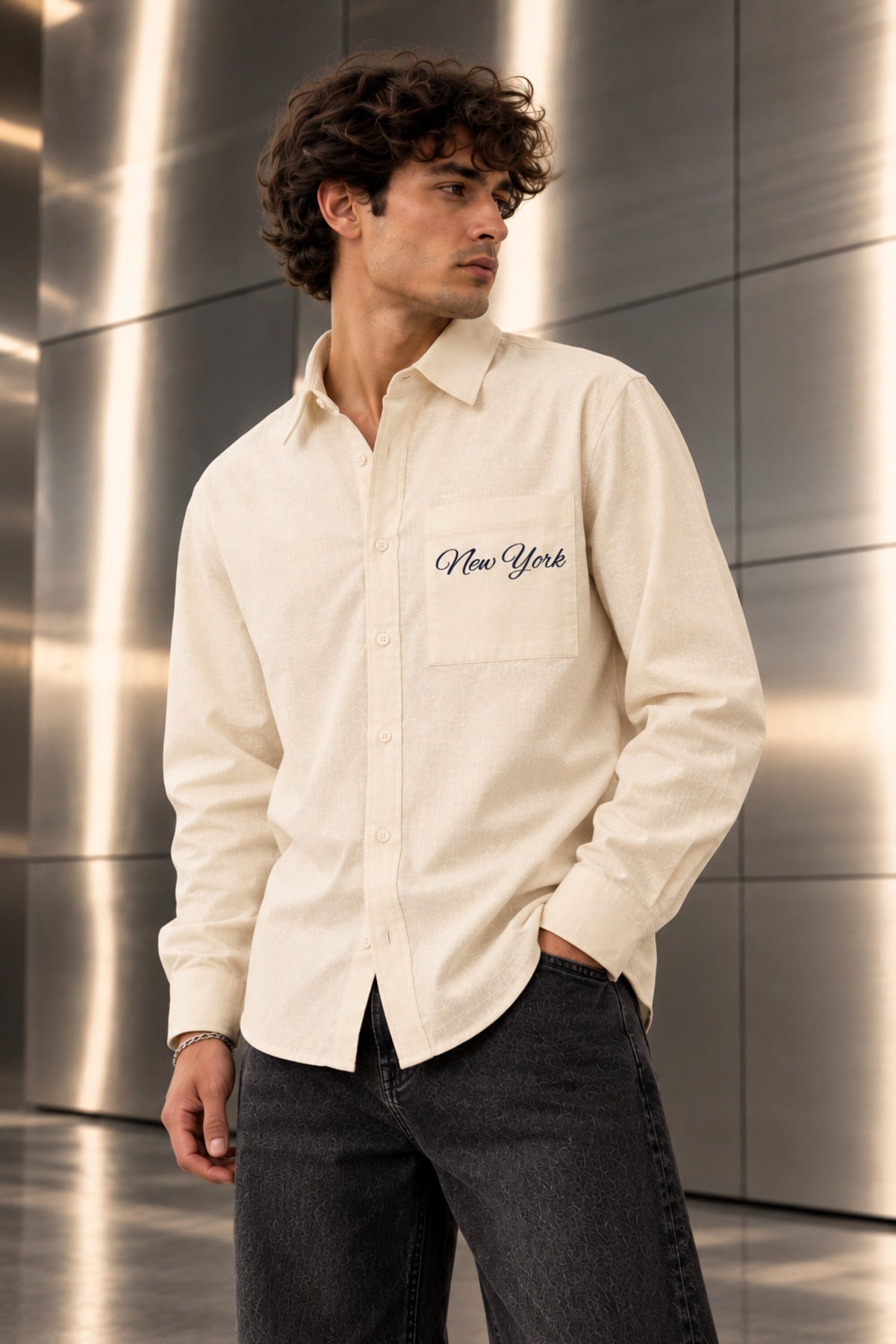 Full sleeve shirt with New York cursive on back and chest embroidery in black blue and cream, 100% cotton relaxed fit, men India