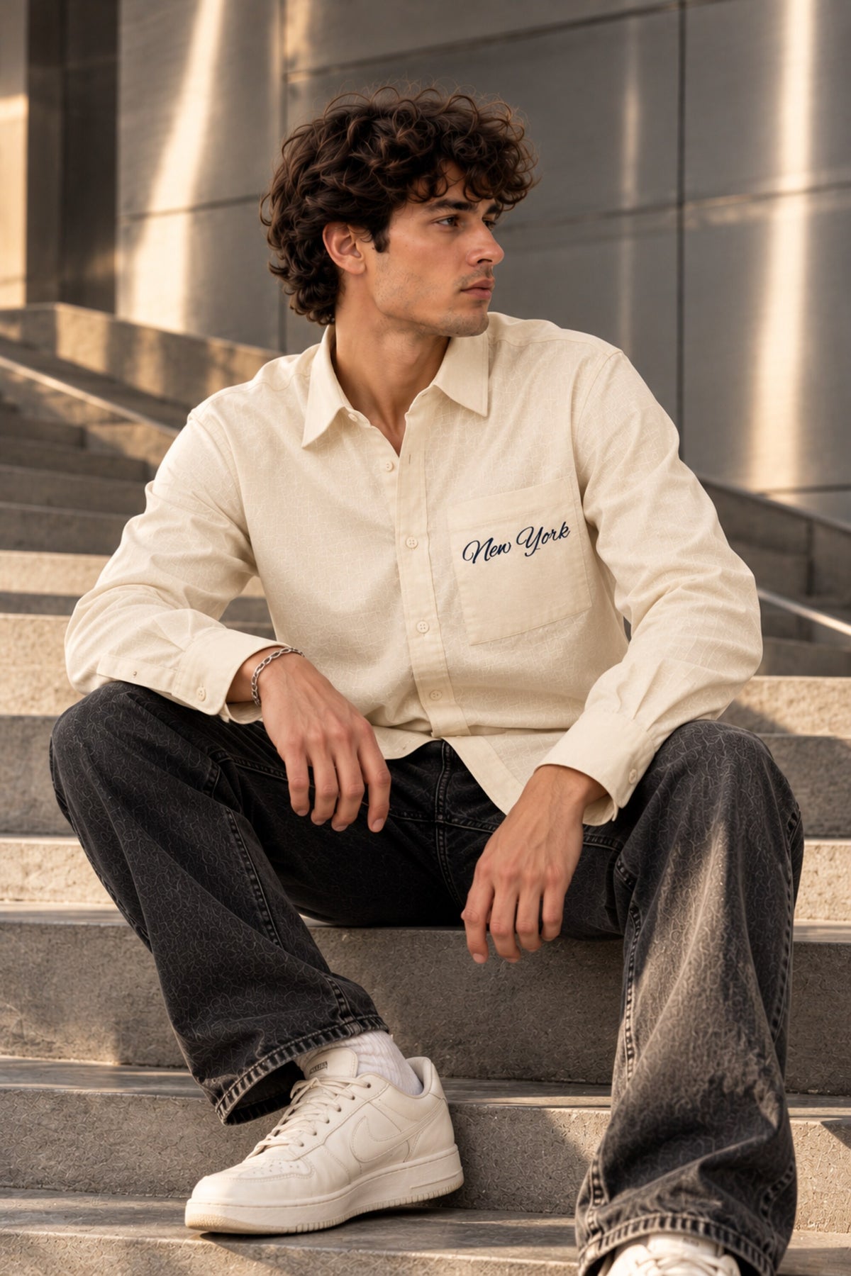 Full sleeve shirt with New York cursive on back and chest embroidery in black blue and cream, 100% cotton relaxed fit, men India