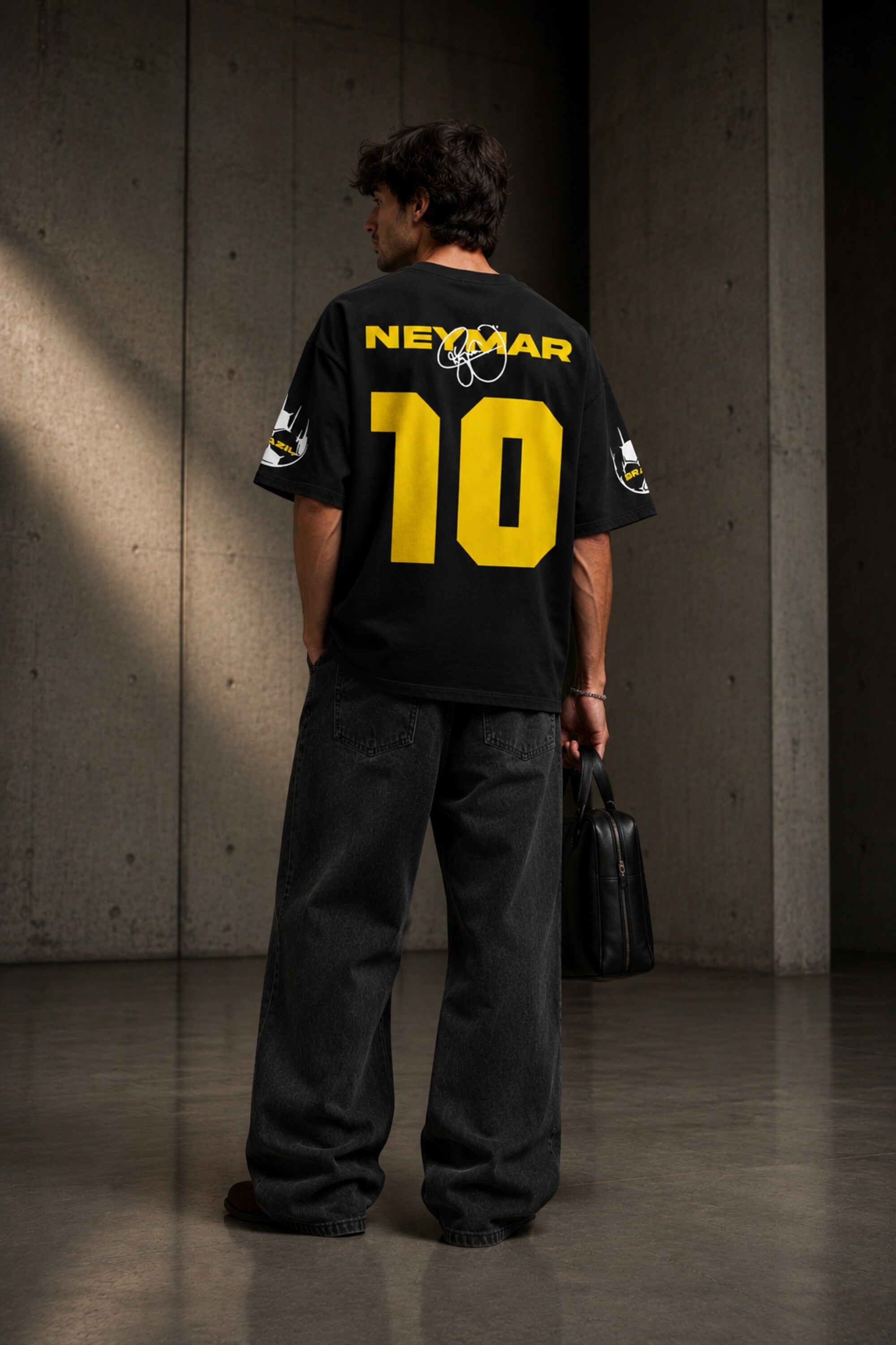 Neymar Jr Brazil number 10 black oversized t-shirt with yellow print and signature