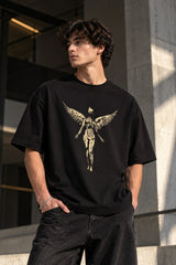 Black oversized tshirt with gold Nirvana In Utero angel art print on chest, relaxed drop shoulder boxy fit, men India