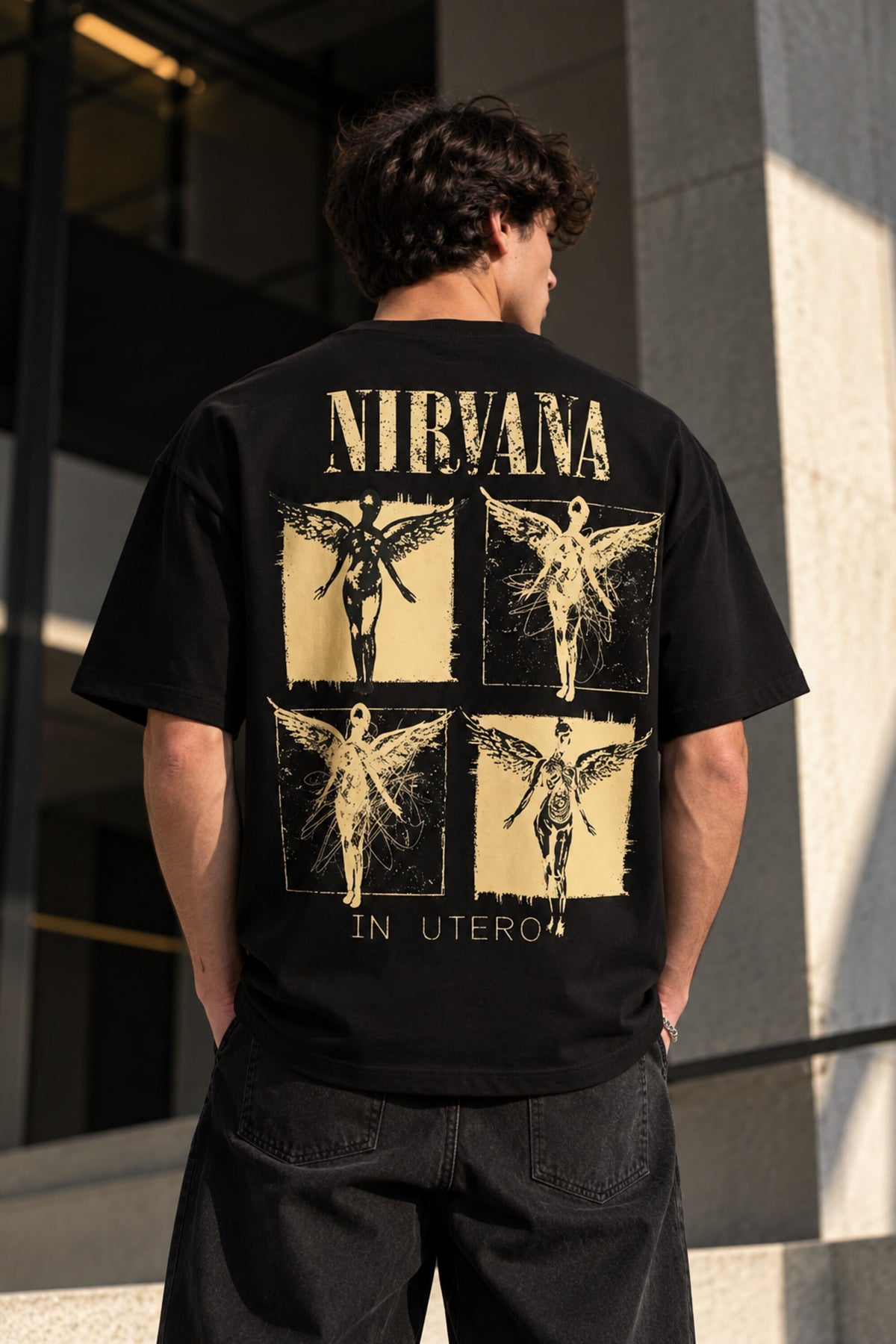 Black oversized tshirt with gold Nirvana In Utero angel art print on chest, relaxed drop shoulder boxy fit, men India