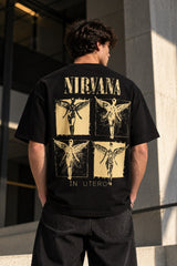 Black oversized tshirt with gold Nirvana In Utero angel art print on chest, relaxed drop shoulder boxy fit, men India
