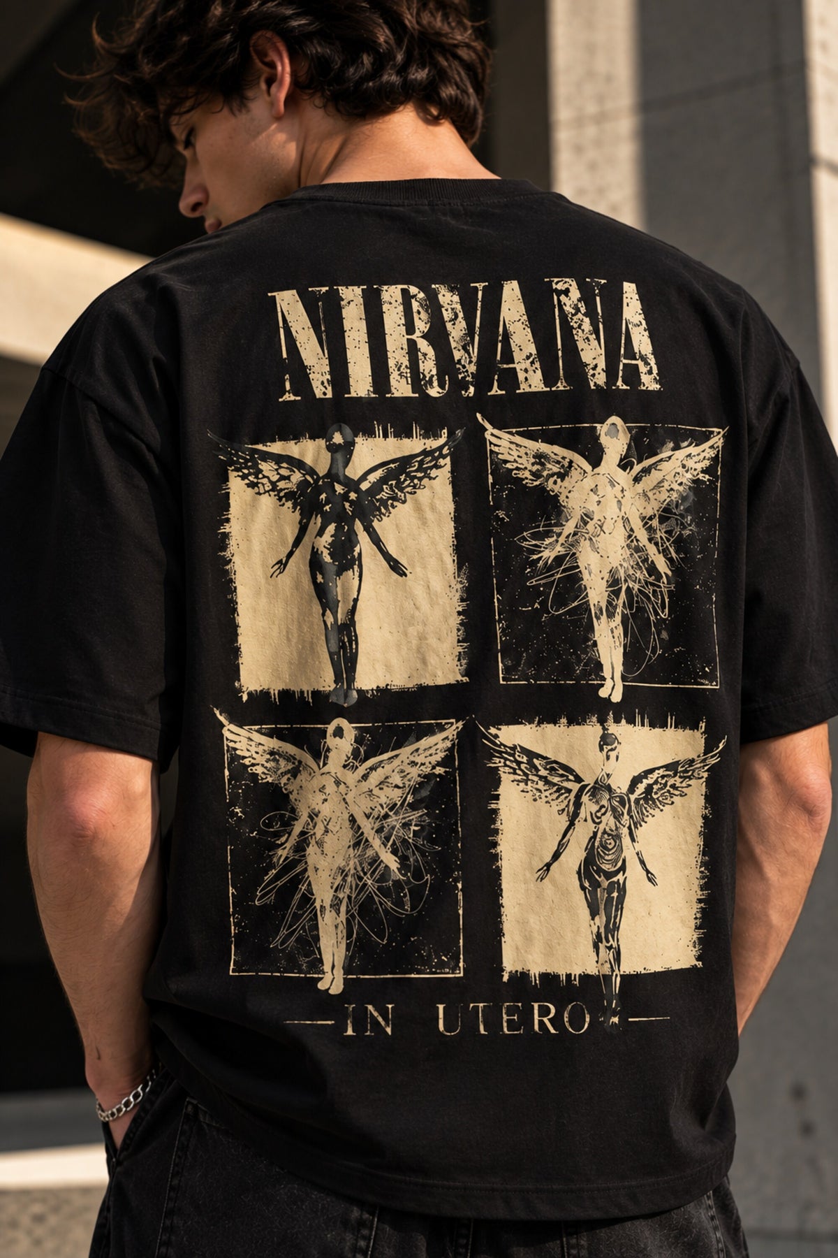 Black oversized tshirt with gold Nirvana In Utero angel art print on chest, relaxed drop shoulder boxy fit, men India