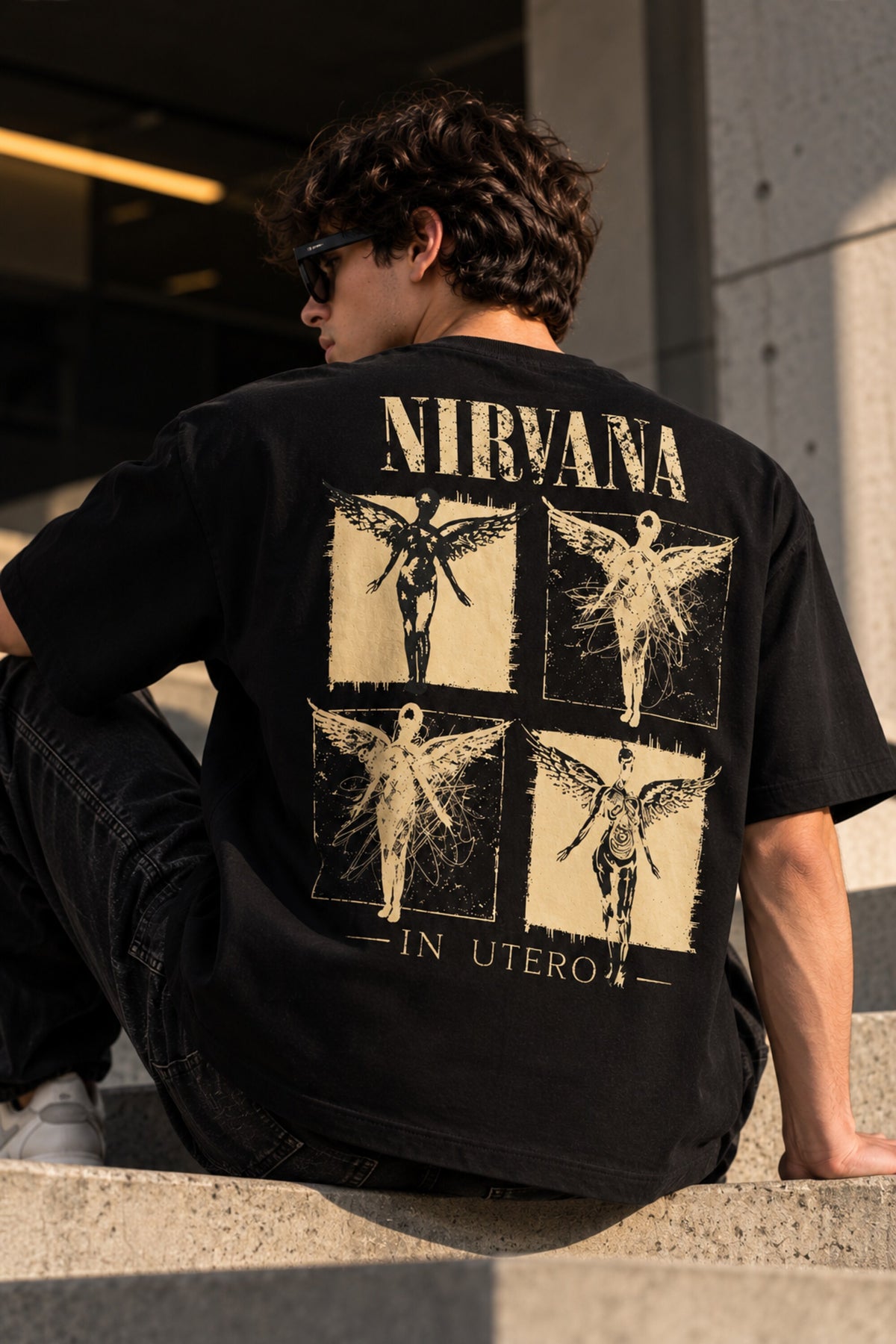 Black oversized tshirt with gold Nirvana In Utero angel art print on chest, relaxed drop shoulder boxy fit, men India