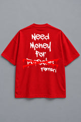 White oversized tshirt with Need Money for Ferrari bold drip graffiti text on back in black and red, drop shoulder boxy fit, men India - red