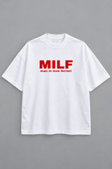 White oversized tshirt with Need Money for Ferrari bold drip graffiti text on back in black and red, drop shoulder boxy fit, men India