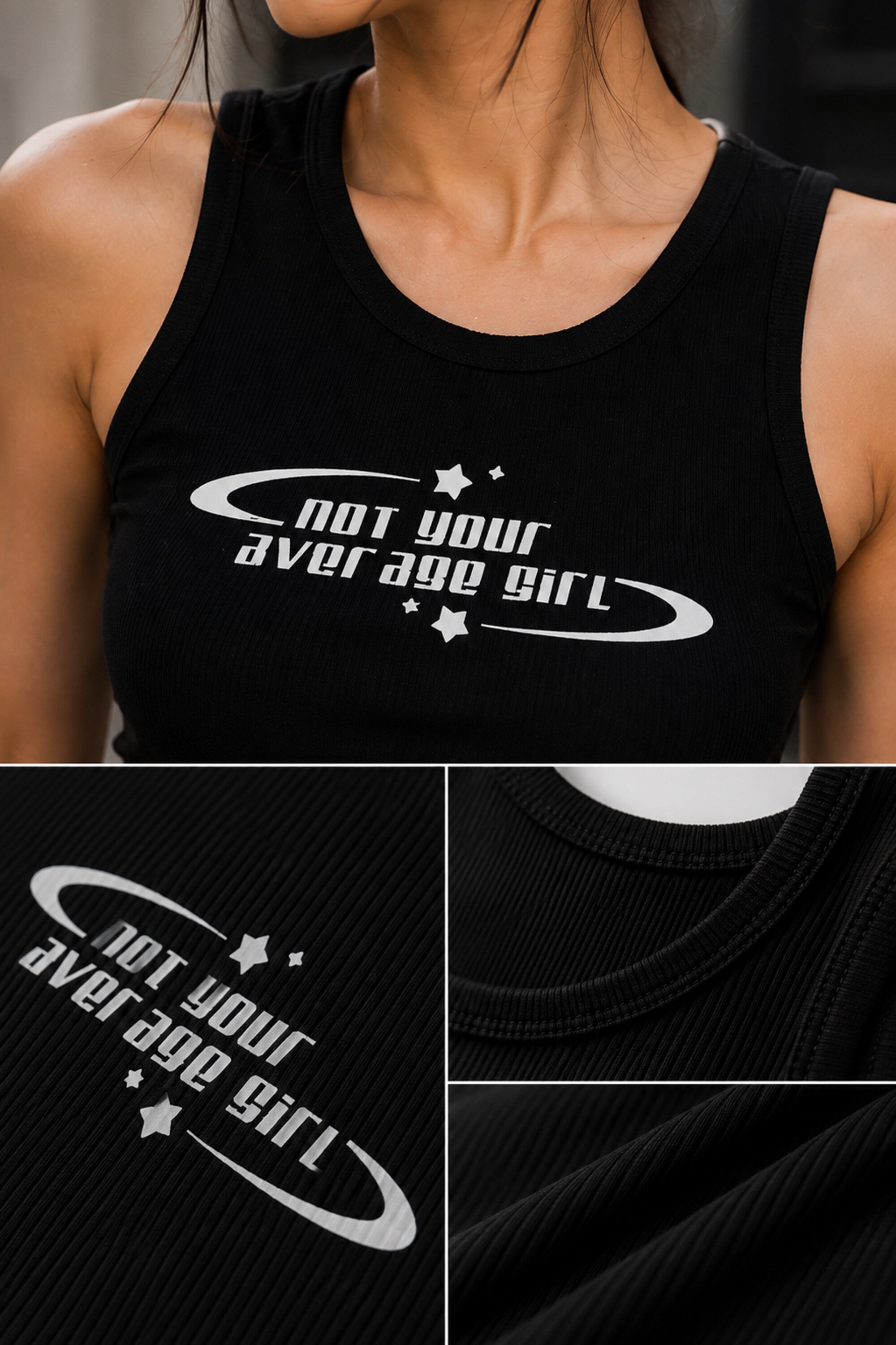 Black ribbed racerback crop tank top with not your average girl futuristic orbit font and stars graphic print Y2K cyber aesthetic top