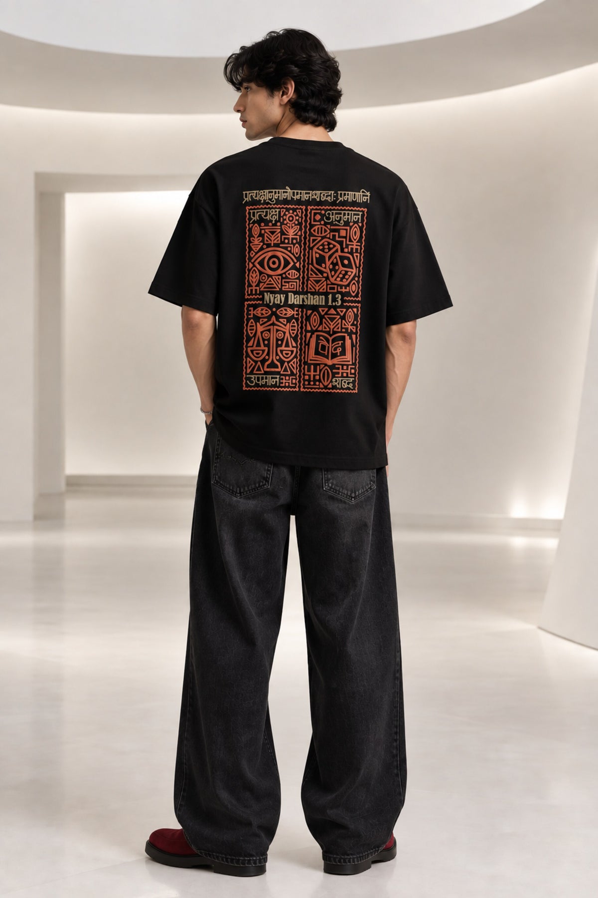 Black Nyay Darshan Sanskrit oversized tshirt with orange terracotta 6-panel art and Sanskrit logic philosophy text on back