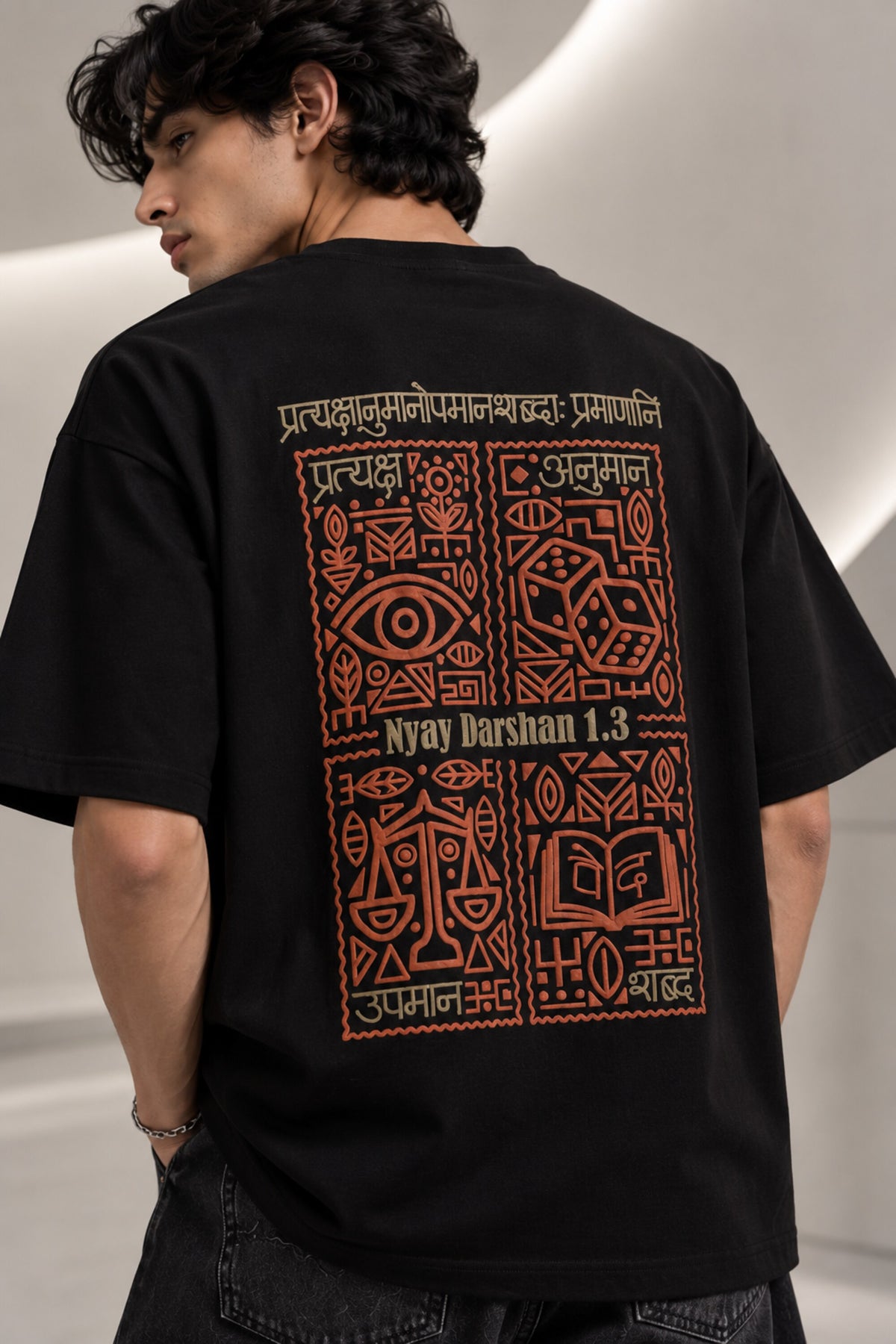 Black Nyay Darshan Sanskrit oversized tshirt with orange terracotta 6-panel art and Sanskrit logic philosophy text on back