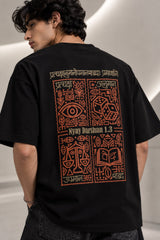 Black Nyay Darshan Sanskrit oversized tshirt with orange terracotta 6-panel art and Sanskrit logic philosophy text on back