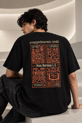 Black Nyay Darshan Sanskrit oversized tshirt with orange terracotta 6-panel art and Sanskrit logic philosophy text on back - black