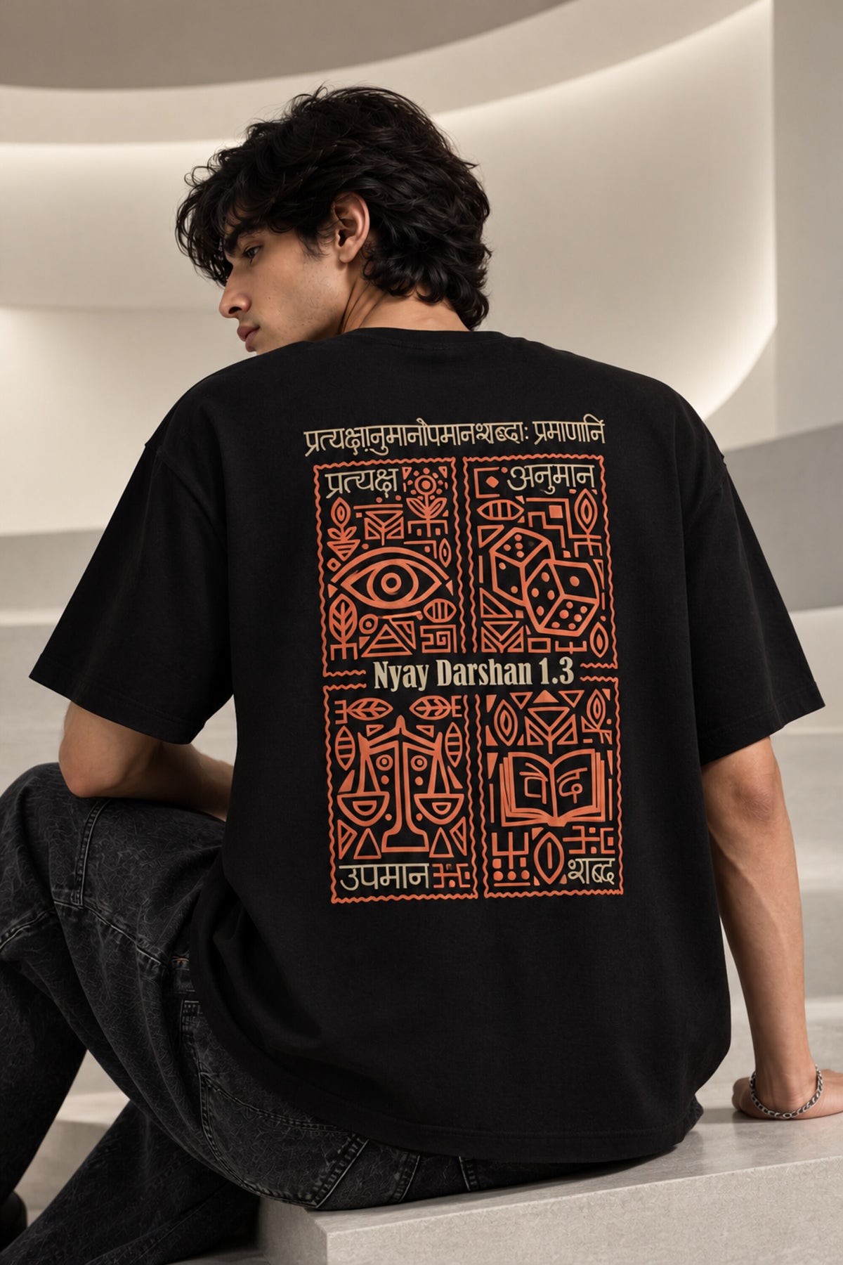 Black Nyay Darshan Sanskrit oversized tshirt with orange terracotta 6-panel art and Sanskrit logic philosophy text on back - black