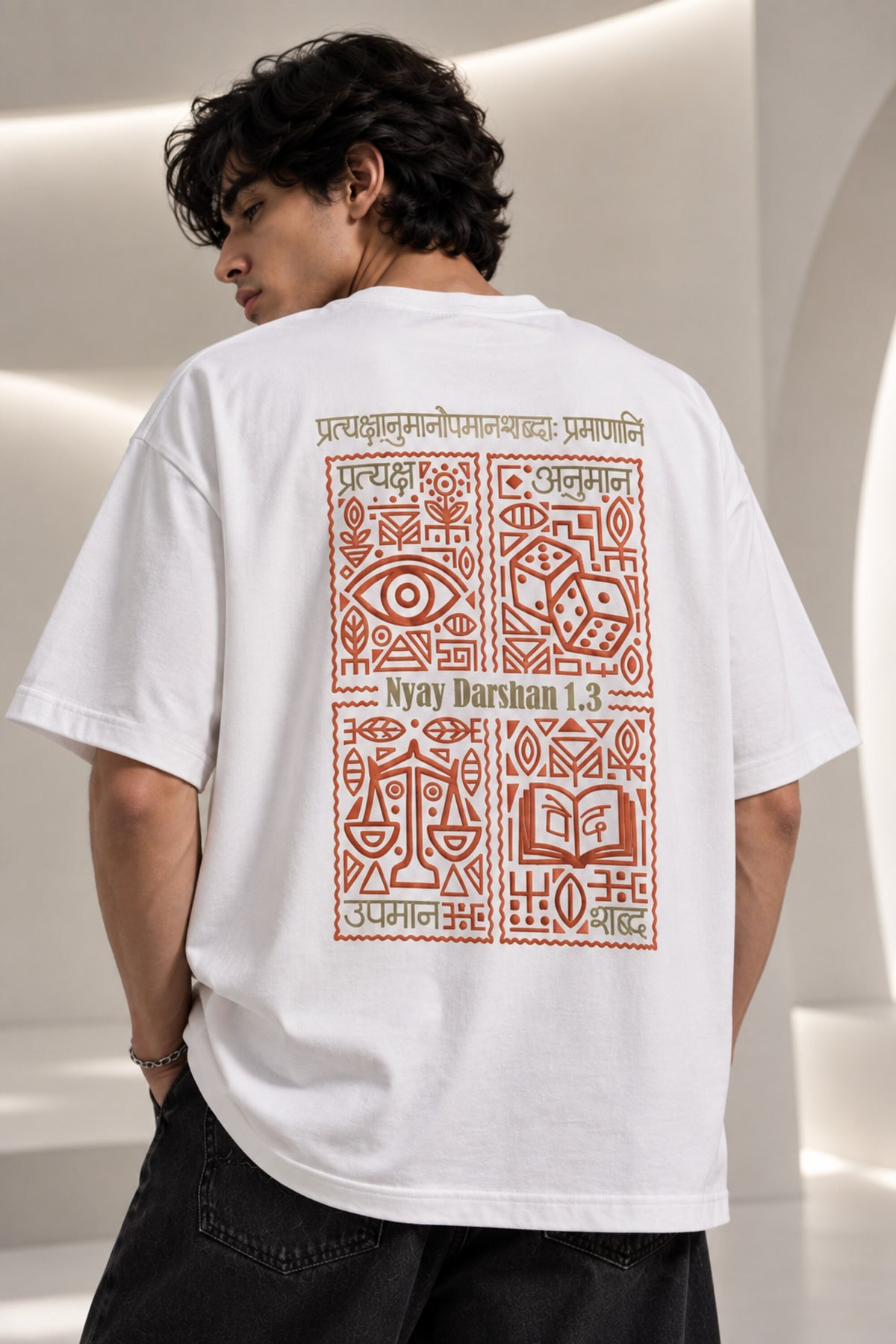 Black Nyay Darshan Sanskrit oversized tshirt with orange terracotta 6-panel art and Sanskrit logic philosophy text on back - white
