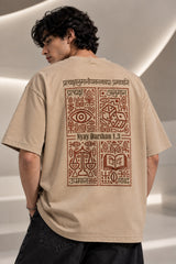 Black Nyay Darshan Sanskrit oversized tshirt with orange terracotta 6-panel art and Sanskrit logic philosophy text on back - beige