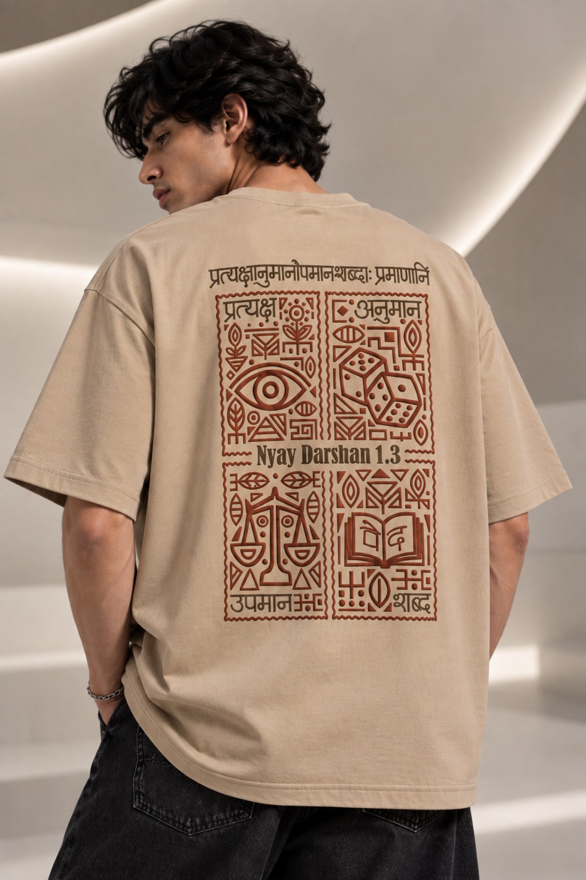 Black Nyay Darshan Sanskrit oversized tshirt with orange terracotta 6-panel art and Sanskrit logic philosophy text on back - beige