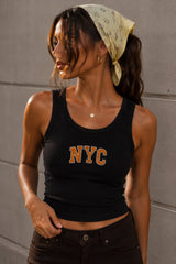 Beige cream fitted ribbed crop tank top NYC orange varsity collegiate rhinestone-style letters clean girl preppy aesthetic POPCASE women