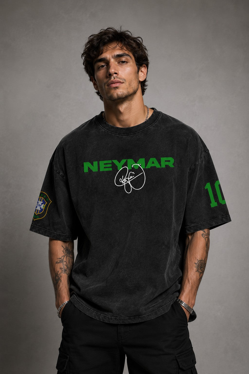 Model wearing an oversized black Neymar Legacy t-shirt with green 'Neymar' graphic and Brazilian CBF crest on sleeve.