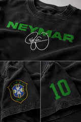 Model wearing an oversized black Neymar Legacy t-shirt with green 'Neymar' graphic and Brazilian CBF crest on sleeve.