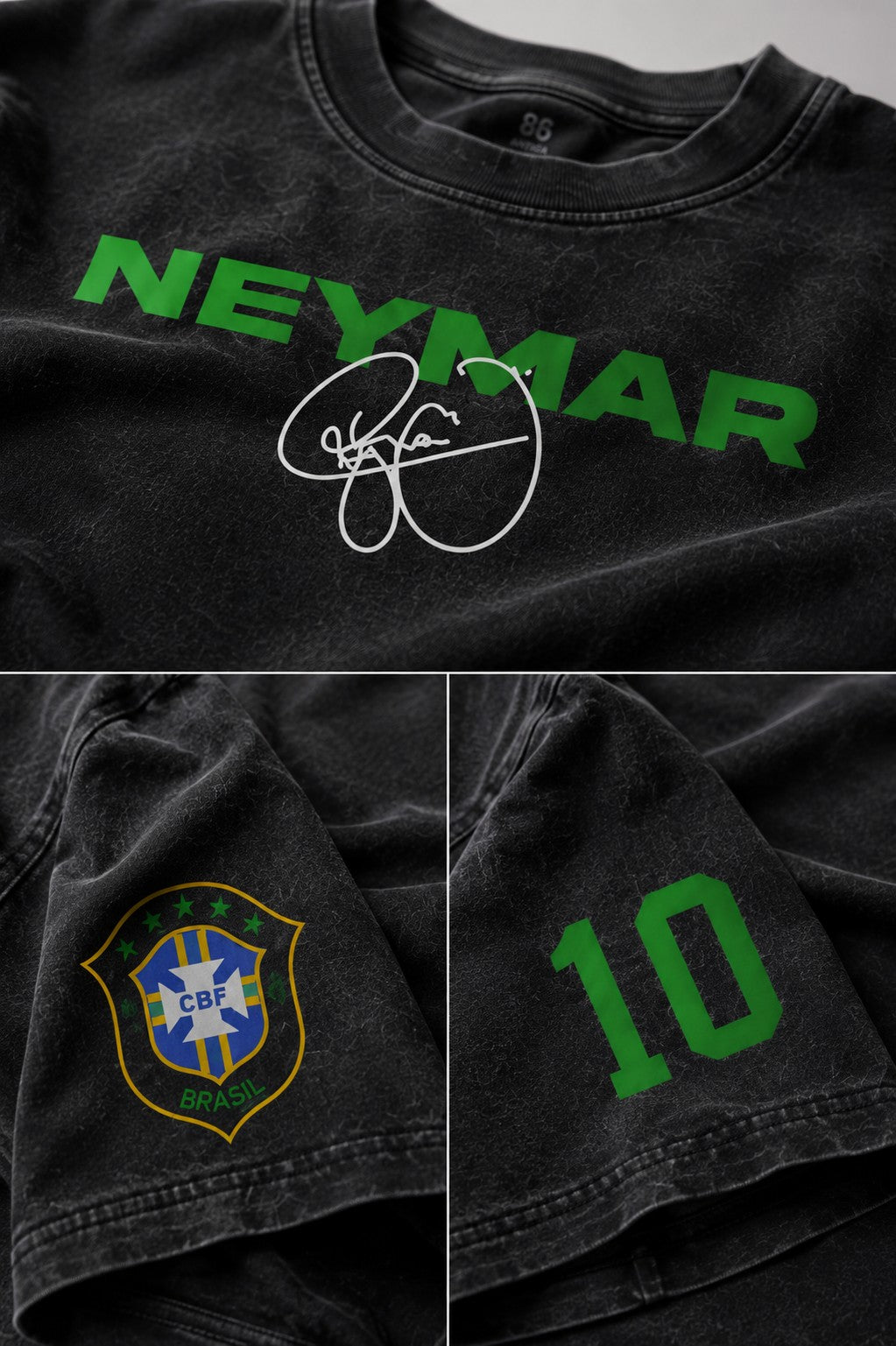 Model wearing an oversized black Neymar Legacy t-shirt with green 'Neymar' graphic and Brazilian CBF crest on sleeve.
