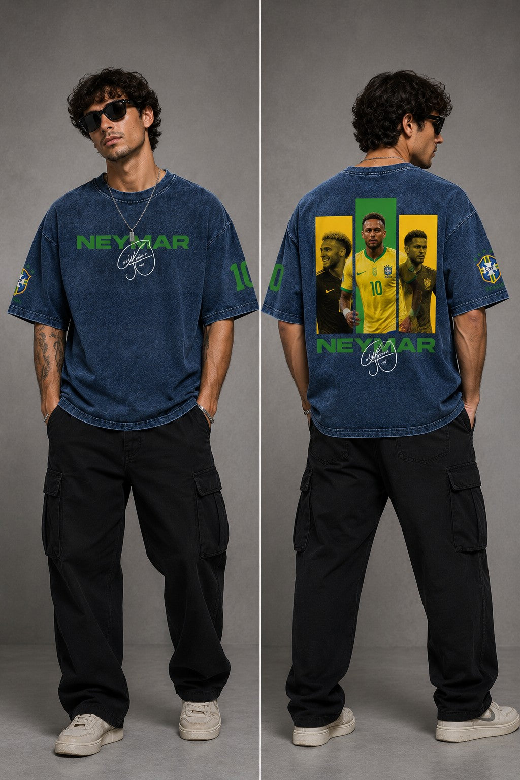 Model wearing an oversized black Neymar Legacy t-shirt with green 'Neymar' graphic and Brazilian CBF crest on sleeve. - midnight indigo