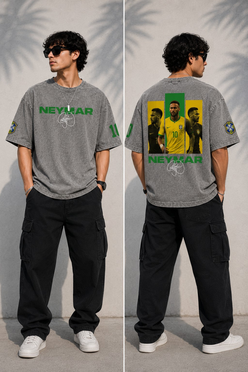Model wearing an oversized black Neymar Legacy t-shirt with green 'Neymar' graphic and Brazilian CBF crest on sleeve. - stone grey