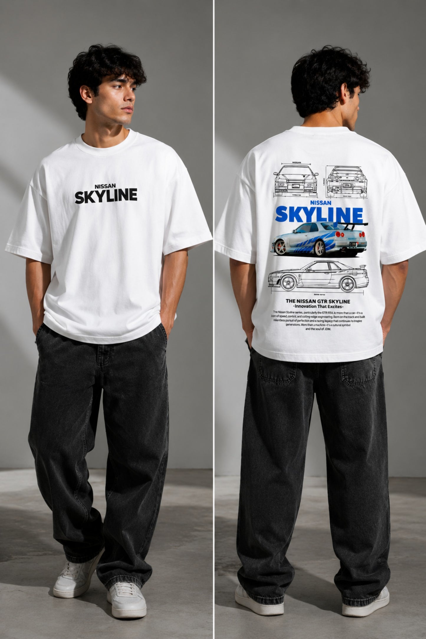 Black oversized t-shirt featuring a detailed white blueprint and a silver Nissan Skyline R34 with blue racing stripes graphic. Includes text 'The Nissan Skyline GTR'. - white