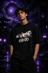 Black oversized tshirt with Obito Uchiha Mangekyou Sharingan eye graphic and OBITO graffiti text from Naruto anime - black