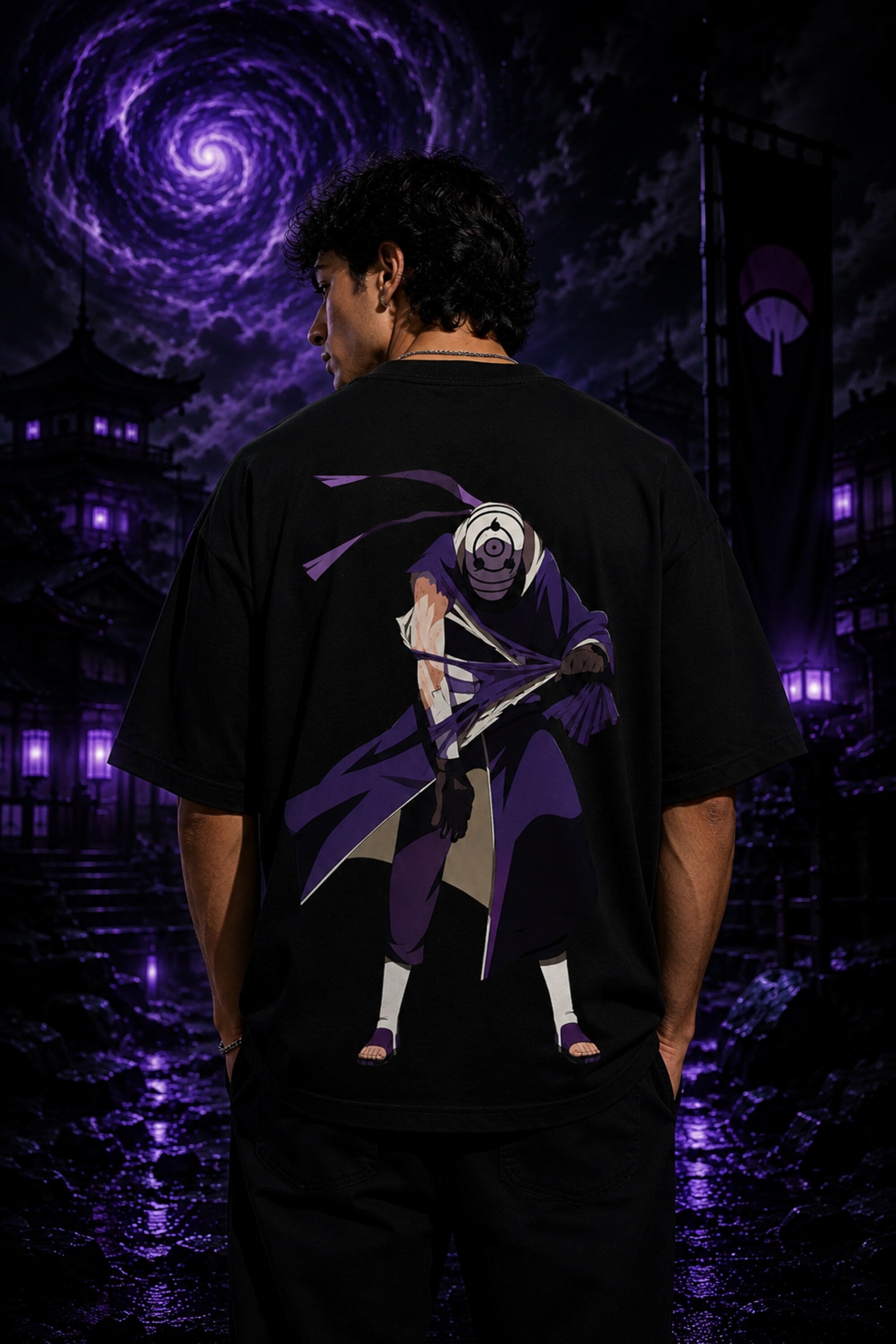 Black oversized tshirt with Obito Uchiha Mangekyou Sharingan eye graphic and OBITO graffiti text from Naruto anime