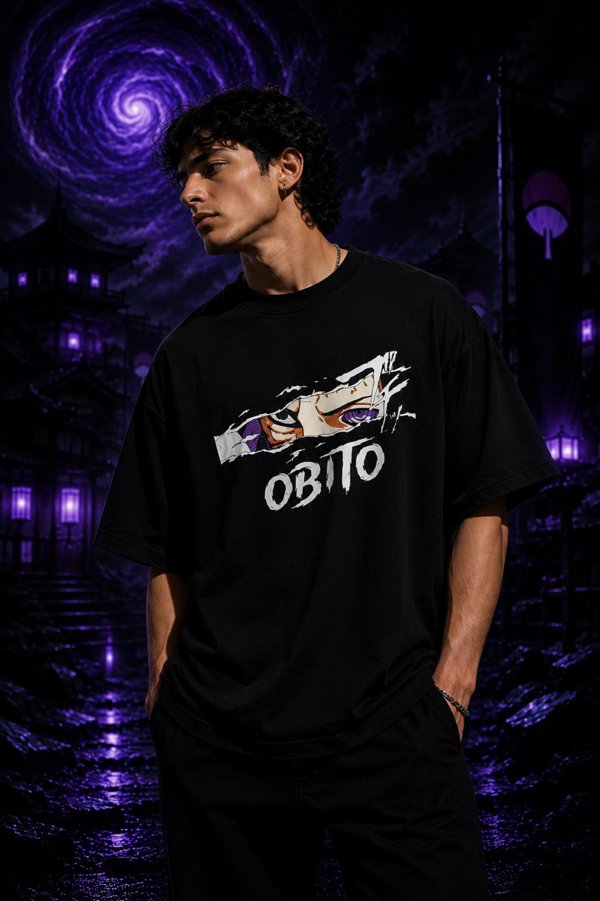 Black oversized tshirt with Obito Uchiha Mangekyou Sharingan eye graphic and OBITO graffiti text from Naruto anime