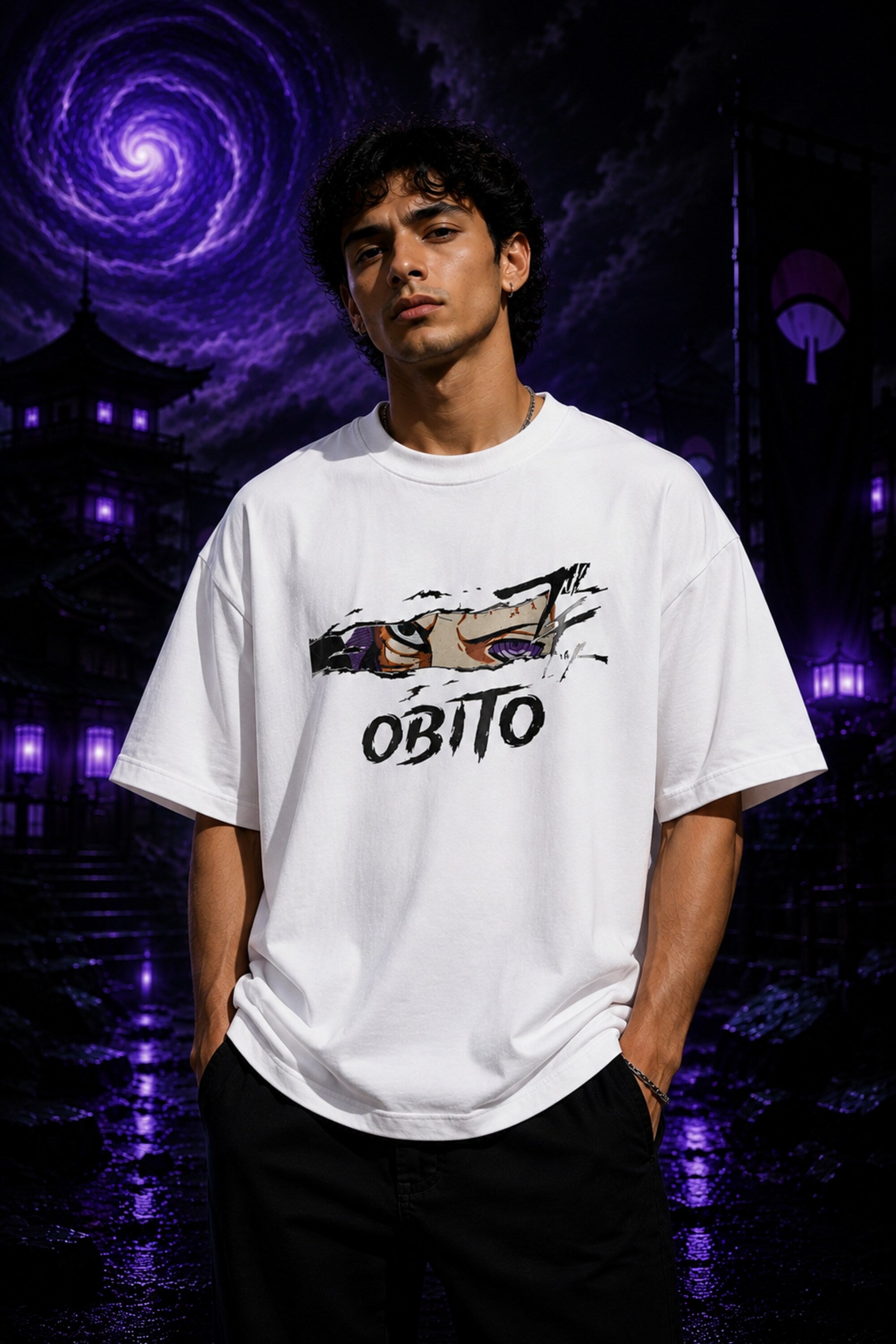 Black oversized tshirt with Obito Uchiha Mangekyou Sharingan eye graphic and OBITO graffiti text from Naruto anime - white