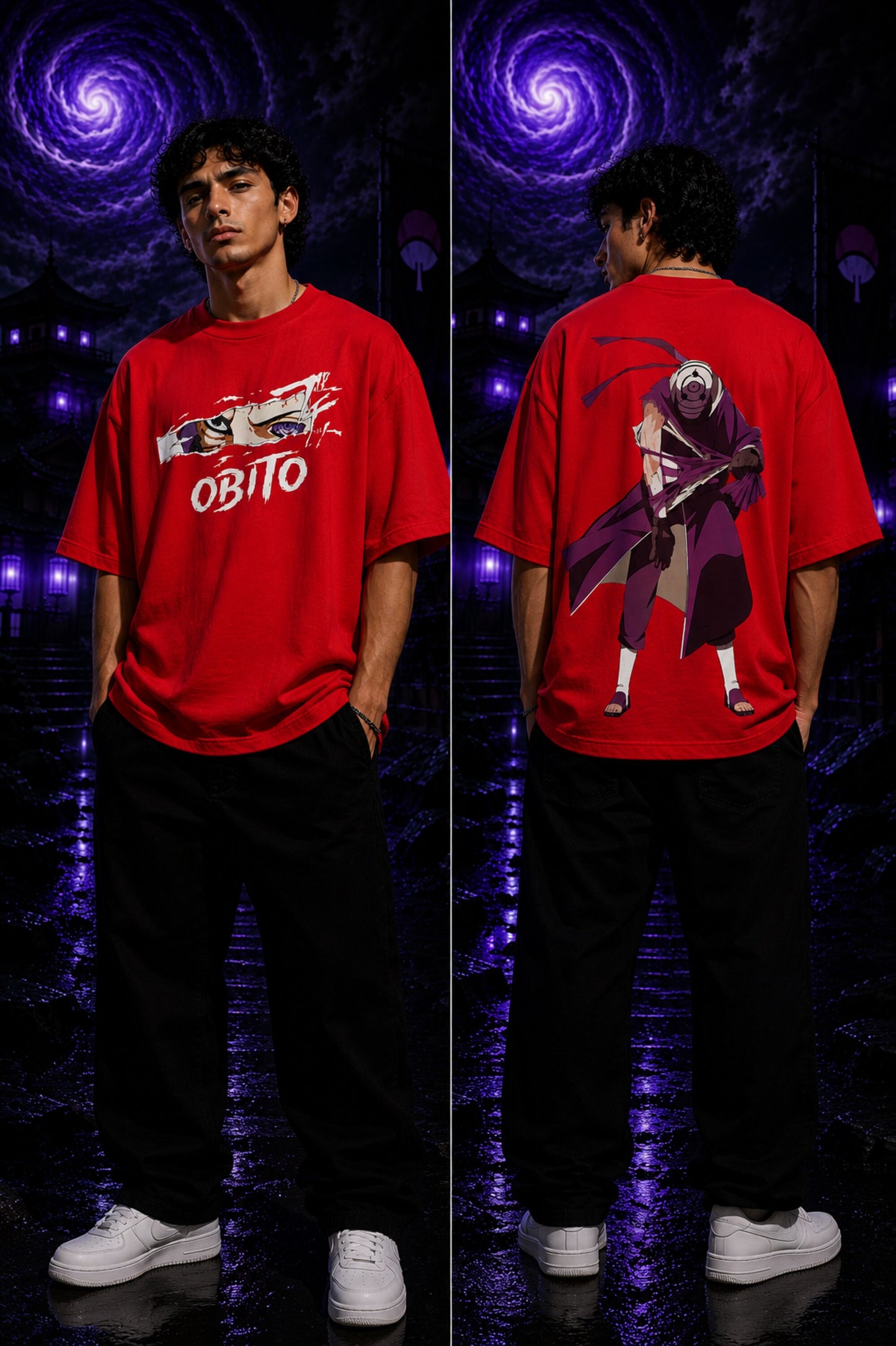 Black oversized tshirt with Obito Uchiha Mangekyou Sharingan eye graphic and OBITO graffiti text from Naruto anime - red