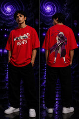 Black oversized tshirt with Obito Uchiha Mangekyou Sharingan eye graphic and OBITO graffiti text from Naruto anime - red