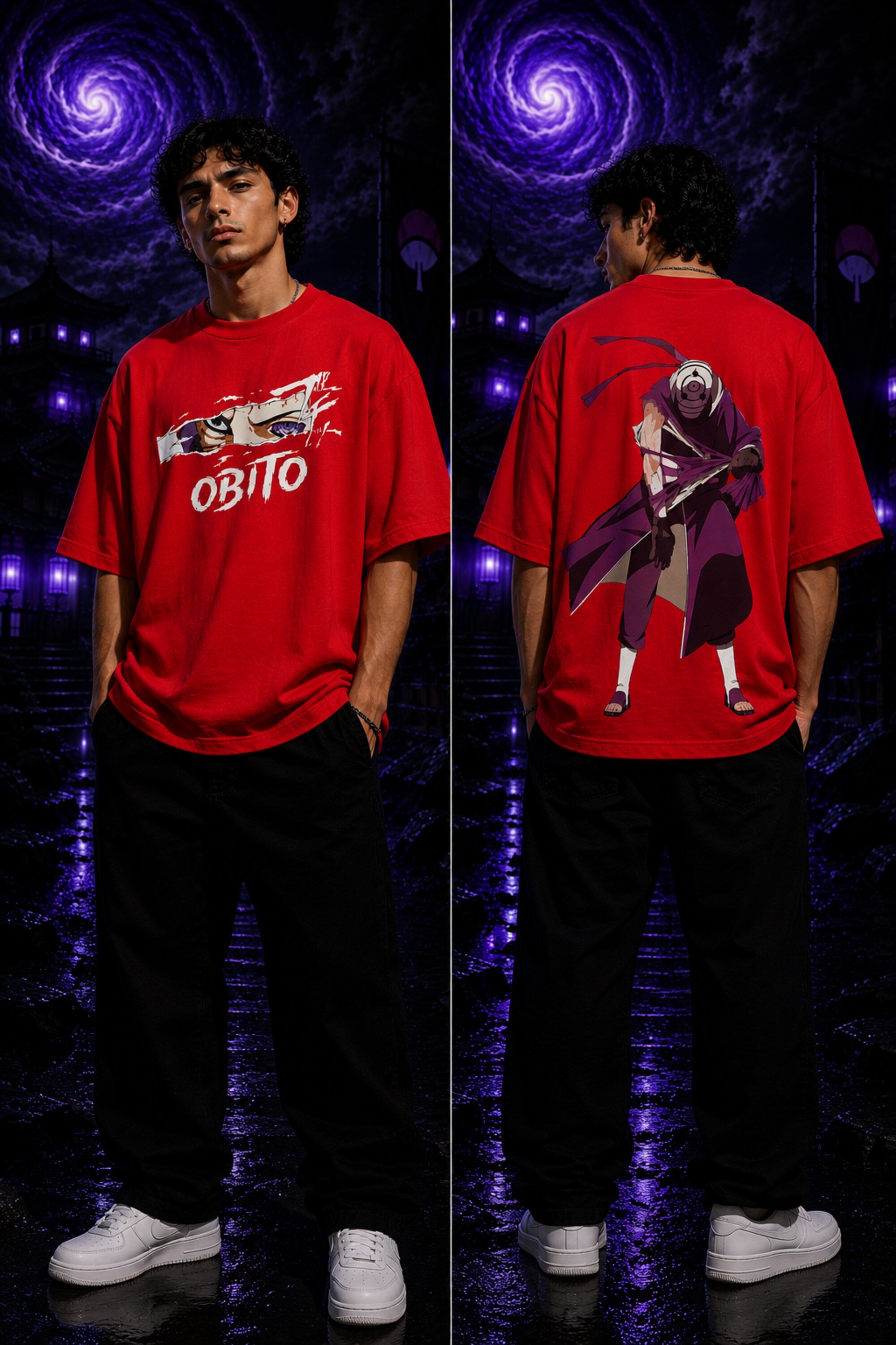 Black oversized tshirt with Obito Uchiha Mangekyou Sharingan eye graphic and OBITO graffiti text from Naruto anime - red