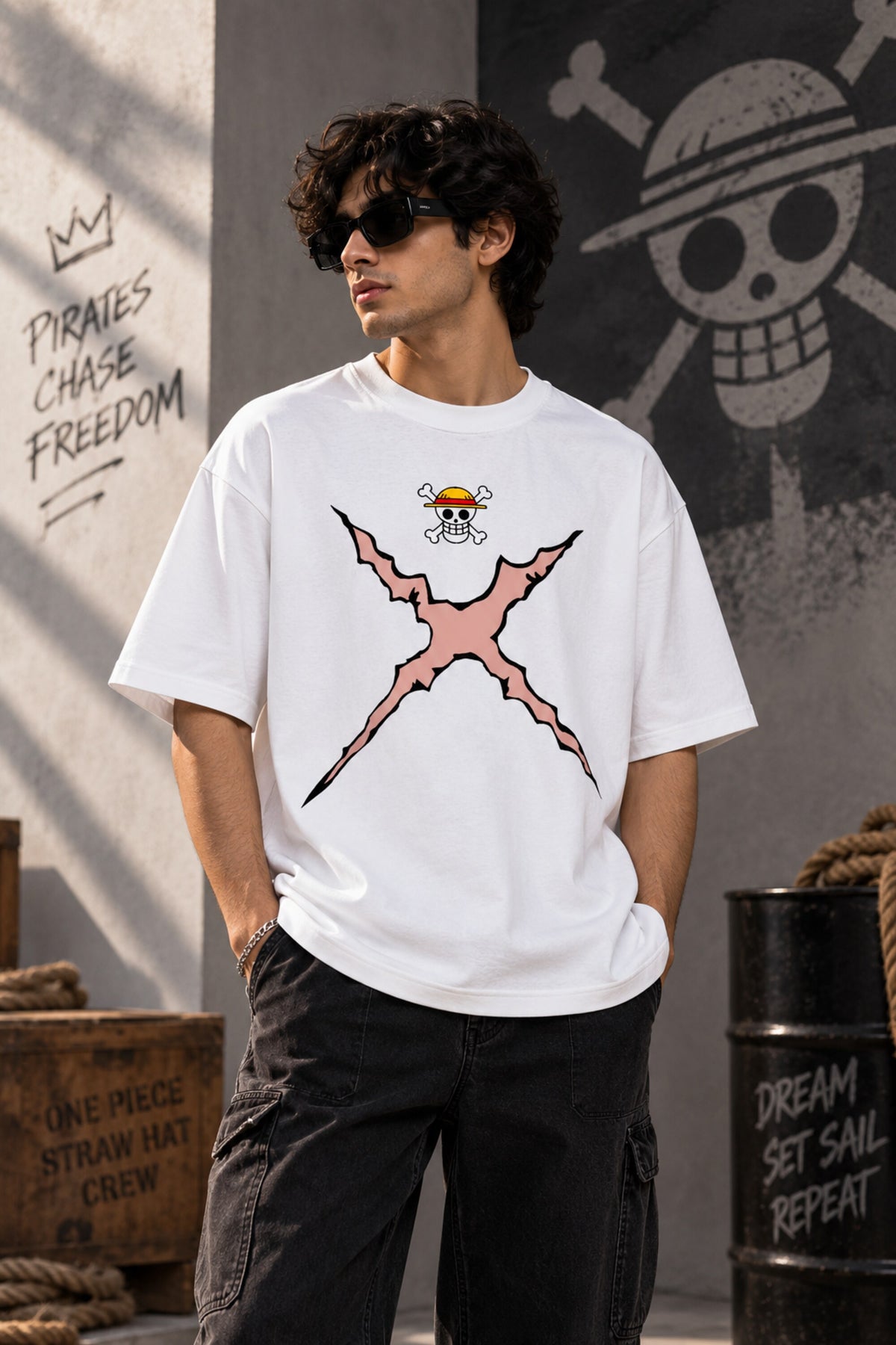 White One Piece anime oversized tshirt with Straw Hat Jolly Roger HD print and Pirates Chase Freedom text on back