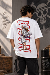 White One Piece anime oversized tshirt with Straw Hat Jolly Roger HD print and Pirates Chase Freedom text on back