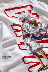 White One Piece anime oversized tshirt with Straw Hat Jolly Roger HD print and Pirates Chase Freedom text on back