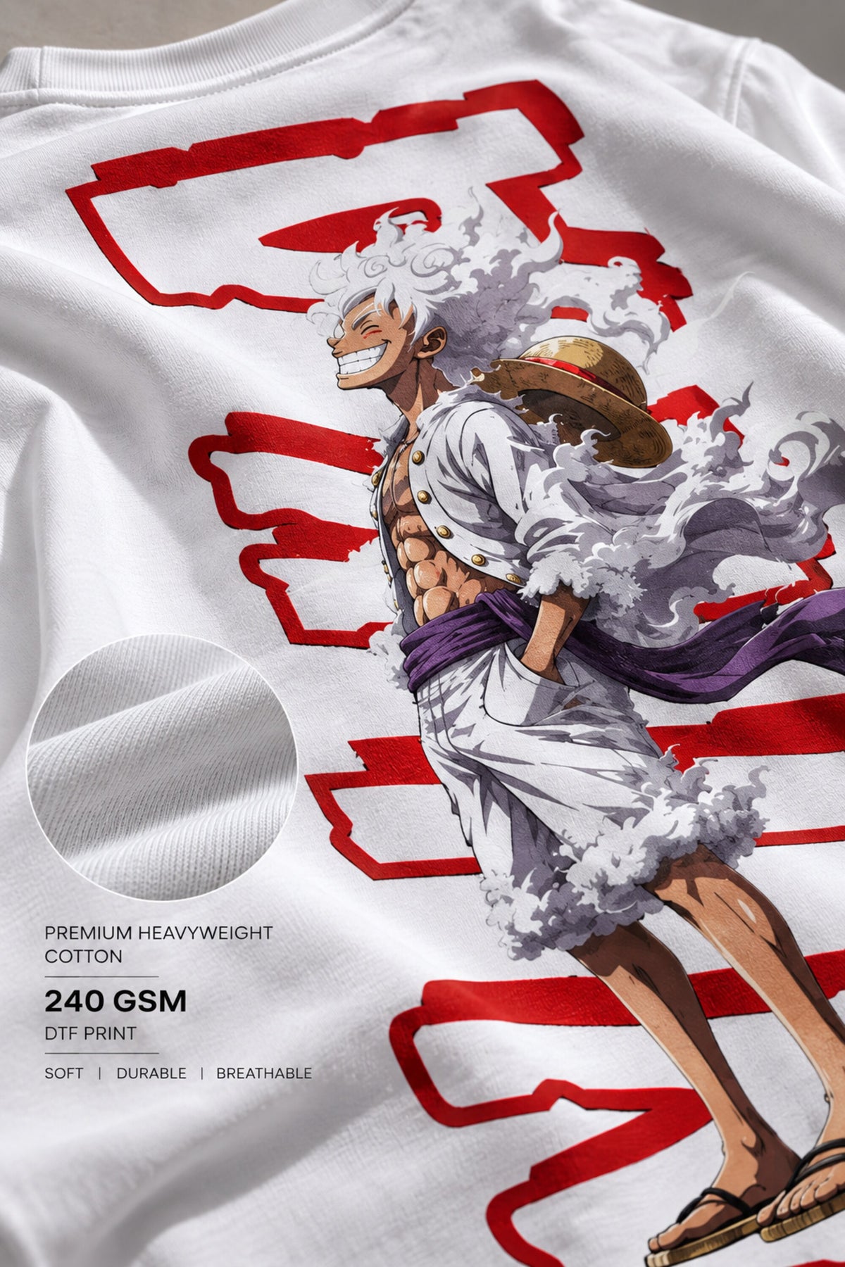 White One Piece anime oversized tshirt with Straw Hat Jolly Roger HD print and Pirates Chase Freedom text on back