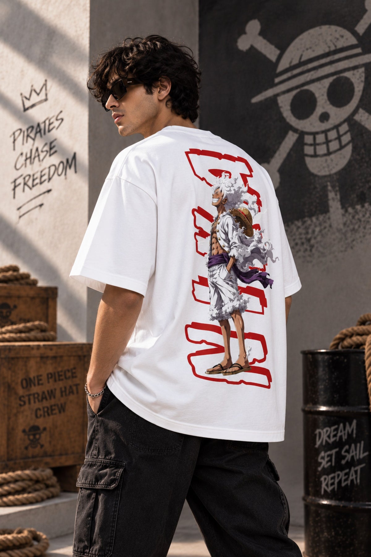 White One Piece anime oversized tshirt with Straw Hat Jolly Roger HD print and Pirates Chase Freedom text on back