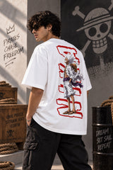 White One Piece anime oversized tshirt with Straw Hat Jolly Roger HD print and Pirates Chase Freedom text on back