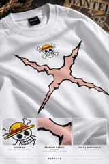 White One Piece anime oversized tshirt with Straw Hat Jolly Roger HD print and Pirates Chase Freedom text on back