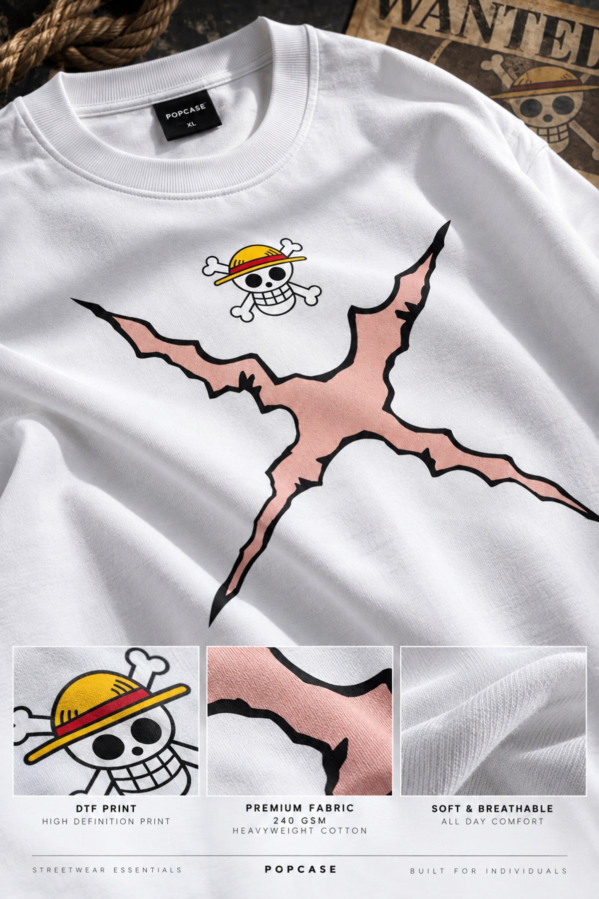White One Piece anime oversized tshirt with Straw Hat Jolly Roger HD print and Pirates Chase Freedom text on back