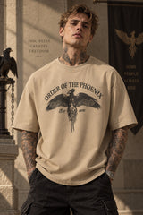 Beige Harry Potter oversized tshirt with Order of the Phoenix phoenix wings HD print and Est 1970 text on front