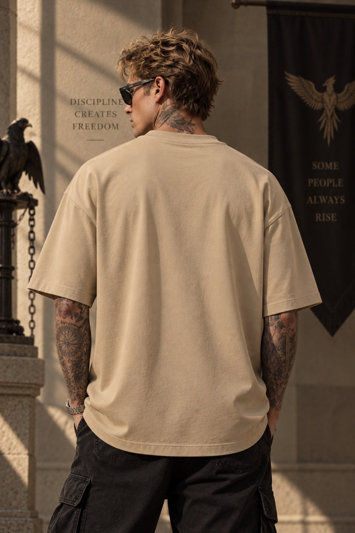 Beige Harry Potter oversized tshirt with Order of the Phoenix phoenix wings HD print and Est 1970 text on front