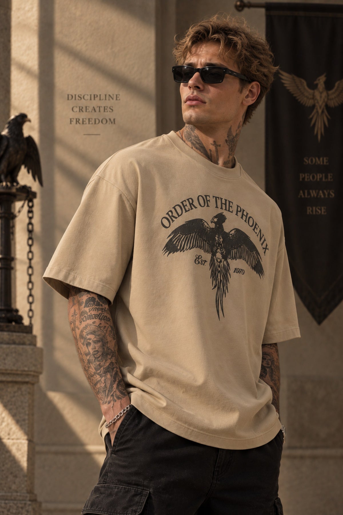 Beige Harry Potter oversized tshirt with Order of the Phoenix phoenix wings HD print and Est 1970 text on front