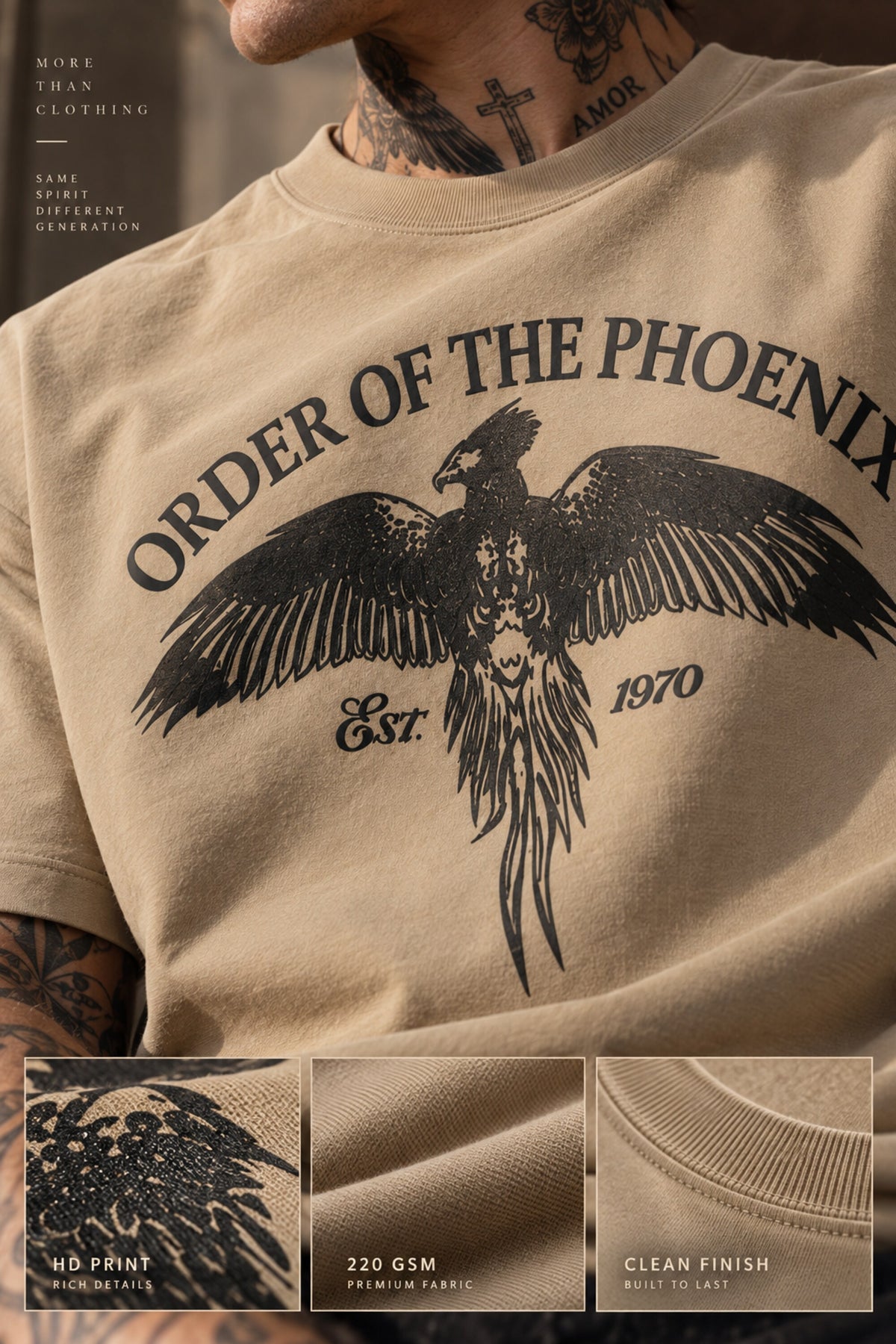 Beige Harry Potter oversized tshirt with Order of the Phoenix phoenix wings HD print and Est 1970 text on front