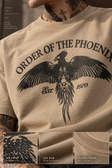 Beige Harry Potter oversized tshirt with Order of the Phoenix phoenix wings HD print and Est 1970 text on front