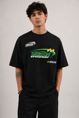 POPCASE black oversized t shirt Oregon Speedway NASCAR green swoosh racing graphic yellow checkered flag small badge chest premium cotton streetwear