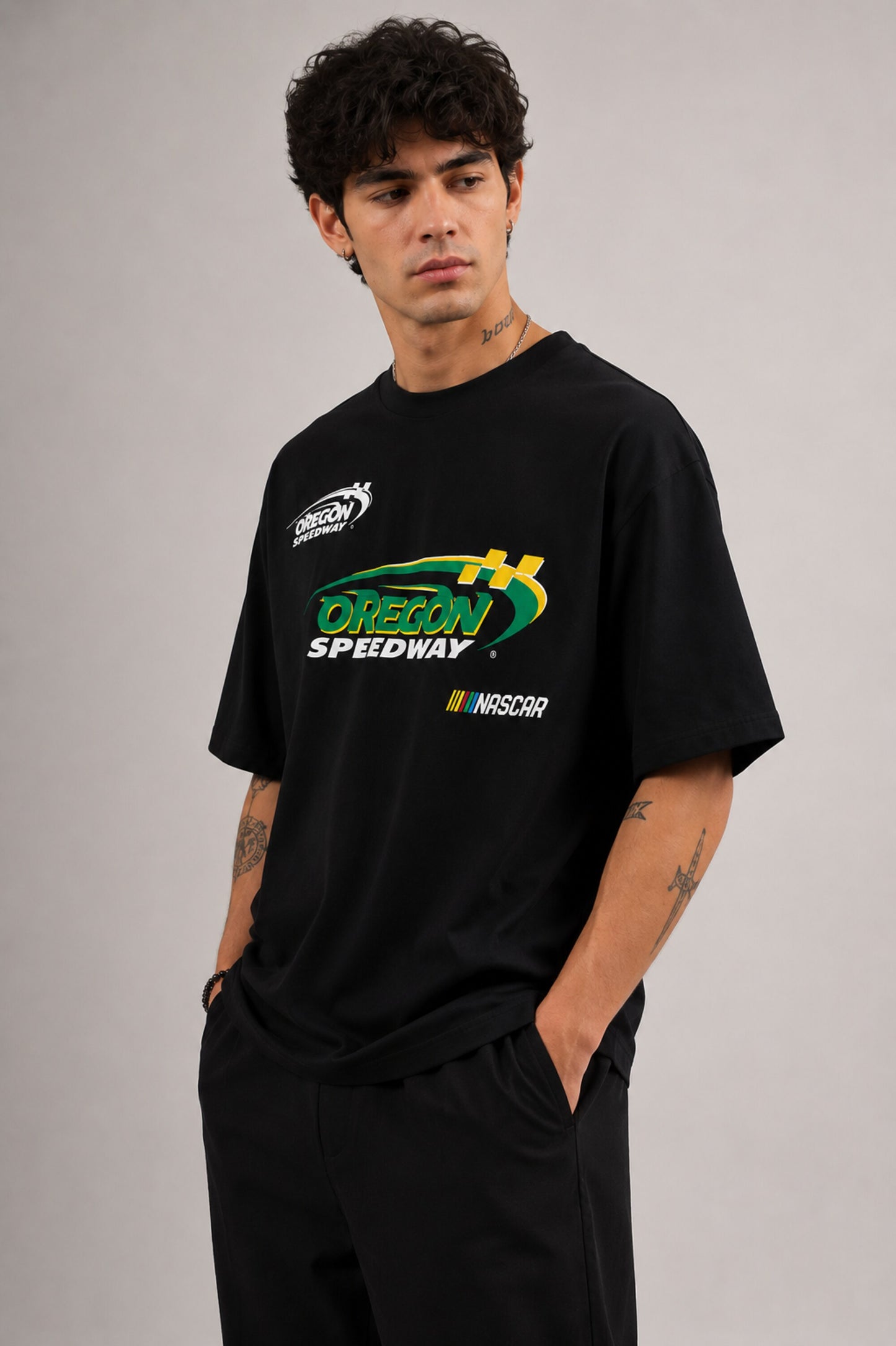 POPCASE black oversized t shirt Oregon Speedway NASCAR green swoosh racing graphic yellow checkered flag small badge chest premium cotton streetwear