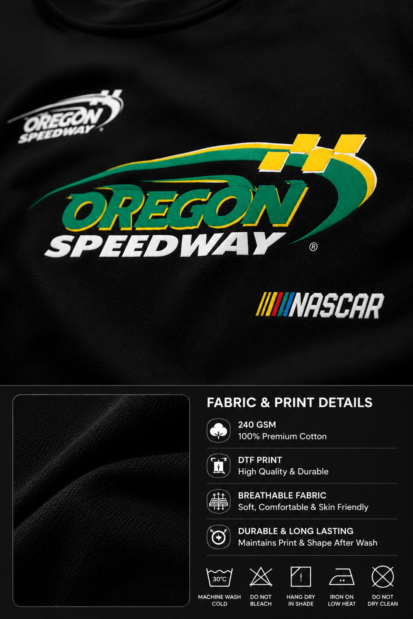 POPCASE black oversized t shirt Oregon Speedway NASCAR green swoosh racing graphic yellow checkered flag small badge chest premium cotton streetwear