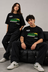 POPCASE black oversized t shirt Oregon Speedway NASCAR green swoosh racing graphic yellow checkered flag small badge chest premium cotton streetwear